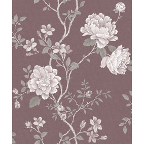 Galerie Vintage Roses Burgundy Grey Magnolia Smooth Wallpaper
