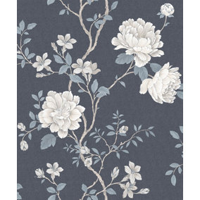 Galerie Vintage Roses Dark Blue Beige Magnolia Smooth Wallpaper