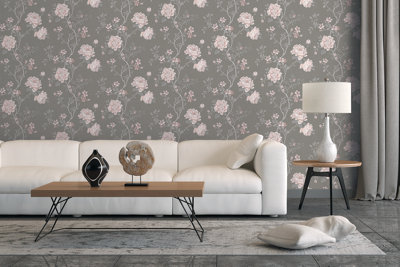 Galerie Vintage Roses Grey Pink Magnolia Smooth Wallpaper