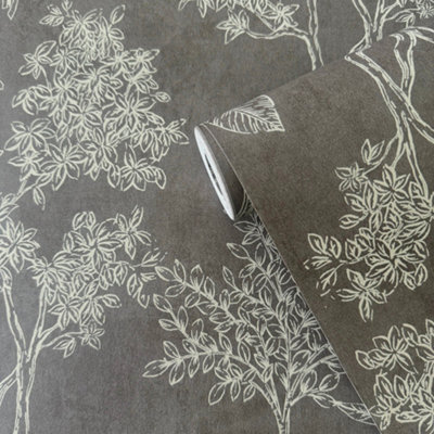 Galerie Zen Silver Grey Tree Leaf DWP0361-05 Wallpaper