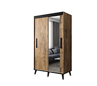 Galicja T2 Contemporary 2 Mirrored Sliding Door Wardrobe 5 Shelves 2 Rails Chestnut Wood Effect (H)2080mm (W)1200mm (D)620mm