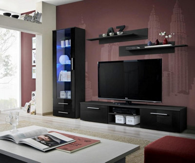 Galino A Entertainment Unit for TVs Up to 75" - Modern Black Gloss Front & Black Matt Carcass - W1800mm x H1900mm x D450mm