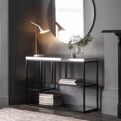 Gallery Cheshire Black Console Table with Bevelled Mirror Top - 2 Shelf Geometric Design, Metal Frame, Fully Assembled
