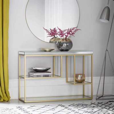Gallery Cheshire Champagne Console Table with Bevelled Mirrored Top - 2 Shelf Geometric Design, Metal Frame, Fully Assembled