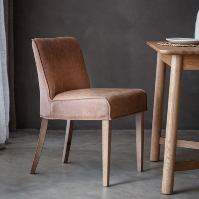 Gallery Tarnby Brown Leather Dining Chairs Set of 2 - Vintage Oak Finish Legs, Soft Tan Leather Upholstery, H49cm Seat Height