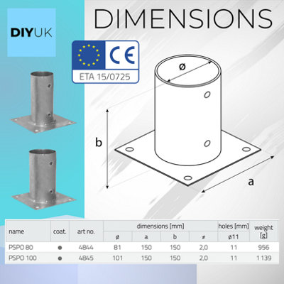 Galvanised 80MM Bolt Down Circular Round Post Support Pack of: 4 Base ...