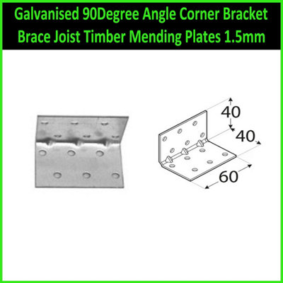 Galvanised 90Degree Angle Corner Bracket Brace Joist Timber Mending Plates 1.5mm Size: 40x40x60mm ( Pack of: 10 )