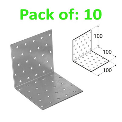 Galvanised Corner Brace 90 Degree Angle Bracket Joist Timber Mending Plates Thickness 2mm 100x100 Width 100mm Pack of: 10