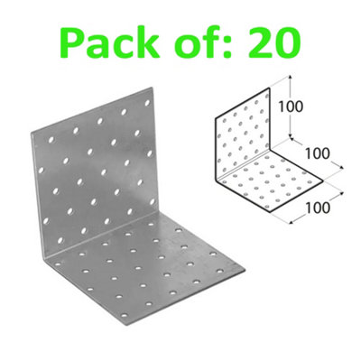Galvanised Corner Brace 90 Degree Angle Bracket Joist Timber Mending Plates Thickness 2mm 100x100 Width 100mm Pack of: 20