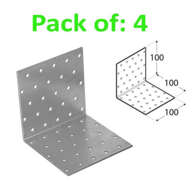 Galvanised Corner Brace 90 Degree Angle Bracket Joist Timber Mending Plates Thickness 2mm 100x100 Width 100mm Pack of: 4