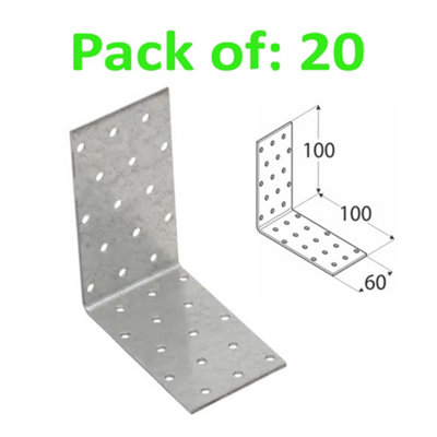 Galvanised Corner Brace 90 Degree Angle Bracket Joist Timber Mending Plates Thickness 2mm 100x100 Width 60mm Pack of: 20