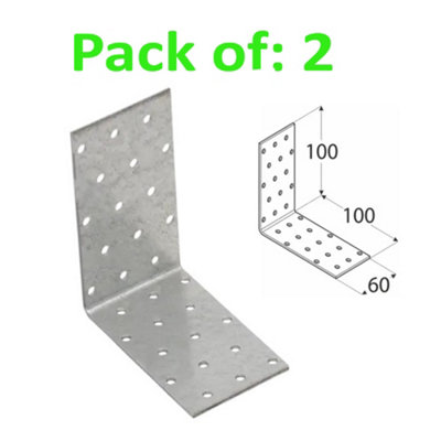 Galvanised Corner Brace 90 Degree Angle Bracket Joist Timber Mending Plates Thickness 2mm 100x100 Width 60mm Pack of: 2