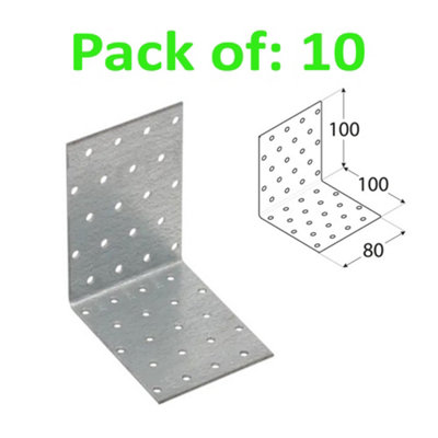 Galvanised Corner Brace 90 Degree Angle Bracket Joist Timber Mending Plates Thickness 2mm 100x100 Width 80mm Pack of: 10