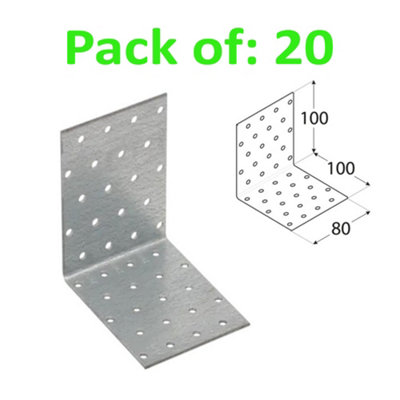 Galvanised Corner Brace 90 Degree Angle Bracket Joist Timber Mending Plates Thickness 2mm 100x100 Width 80mm Pack of: 20