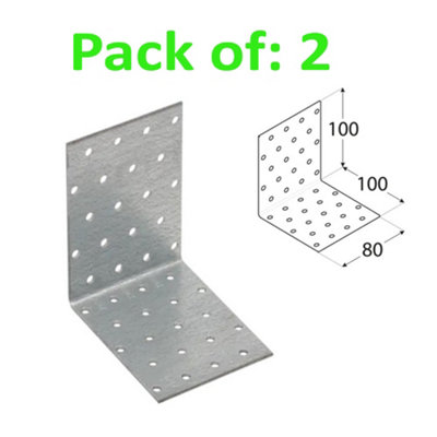 Galvanised Corner Brace 90 Degree Angle Bracket Joist Timber Mending Plates Thickness 2mm 100x100 Width 80mm Pack of: 2