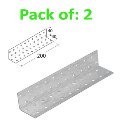 Galvanised Corner Brace 90 Degree Angle Bracket Joist Timber Mending Plates Thickness 2mm 40x40 Width 200mm Pack of: 2