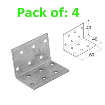 Galvanised Corner Brace 90 Degree Angle Bracket Joist Timber Mending Plates Thickness 2mm 40x40 Width 60mm Pack of: 4