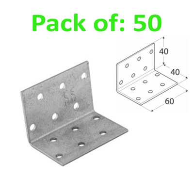 Galvanised Corner Brace 90 Degree Angle Bracket Joist Timber Mending Plates Thickness 2mm 40x40 Width 60mm Pack of: 50