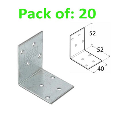 Galvanised Corner Brace 90 Degree Angle Bracket Joist Timber Mending Plates Thickness 2mm 52x52 Width 40mm Pack of: 20