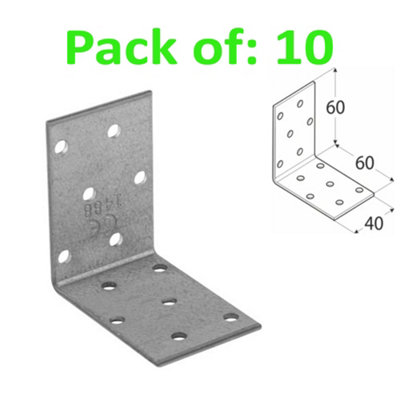 Galvanised Corner Brace 90 Degree Angle Bracket Joist Timber Mending Plates Thickness 2mm 60x60 Width 40mm Pack of: 10