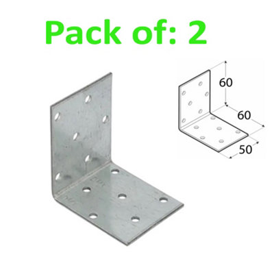 Galvanised Corner Brace 90 Degree Angle Bracket Joist Timber Mending Plates Thickness 2mm 60x60 Width 50mm Pack of: 2