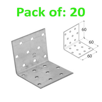 Galvanised Corner Brace 90 Degree Angle Bracket Joist Timber Mending Plates Thickness 2mm 60x60 Width 60mm Pack of: 20