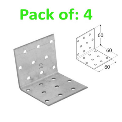 Galvanised Corner Brace 90 Degree Angle Bracket Joist Timber Mending Plates Thickness 2mm 60x60 Width 60mm Pack of: 4