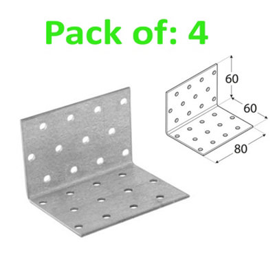 Galvanised Corner Brace 90 Degree Angle Bracket Joist Timber Mending Plates Thickness 2mm 60x60 Width 80mm Pack of: 4