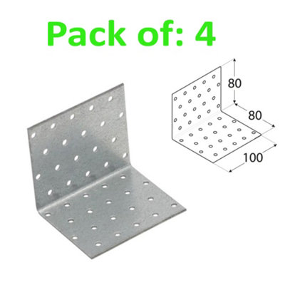 Galvanised Corner Brace 90 Degree Angle Bracket Joist Timber Mending Plates Thickness 2mm 80x80 Width 100mm Pack of: 4