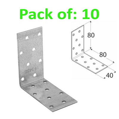 Galvanised Corner Brace 90 Degree Angle Bracket Joist Timber Mending Plates Thickness 2mm 80x80 Width 40mm Pack of: 10