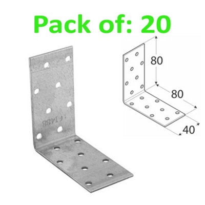 Galvanised Corner Brace 90 Degree Angle Bracket Joist Timber Mending Plates Thickness 2mm 80x80 Width 40mm Pack of: 20