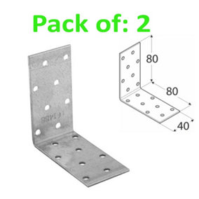 Galvanised Corner Brace 90 Degree Angle Bracket Joist Timber Mending Plates Thickness 2mm 80x80 Width 40mm Pack of: 2