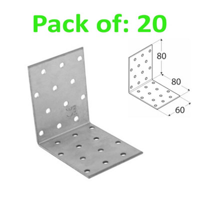 Galvanised Corner Brace 90 Degree Angle Bracket Joist Timber Mending Plates Thickness 2mm 80x80 Width 60mm Pack of: 20