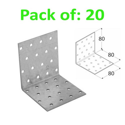 Galvanised Corner Brace 90 Degree Angle Bracket Joist Timber Mending Plates Thickness 2mm 80x80 Width 80mm Pack of: 20