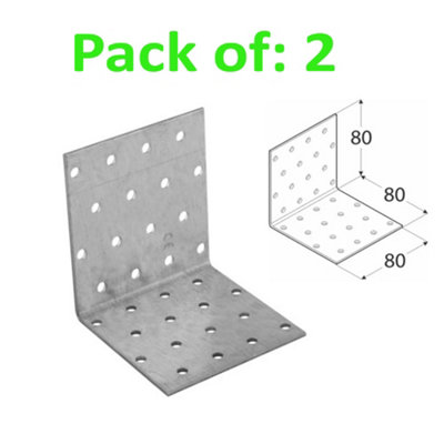 Galvanised Corner Brace 90 Degree Angle Bracket Joist Timber Mending Plates Thickness 2mm 80x80 Width 80mm Pack of: 2