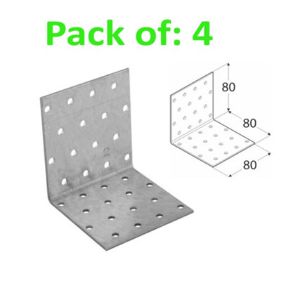 Galvanised Corner Brace 90 Degree Angle Bracket Joist Timber Mending Plates Thickness 2mm 80x80 Width 80mm Pack of: 4
