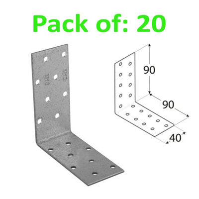 Galvanised Corner Brace 90 Degree Angle Bracket Joist Timber Mending Plates Thickness 2mm 90x90 Width 40mm Pack of: 20