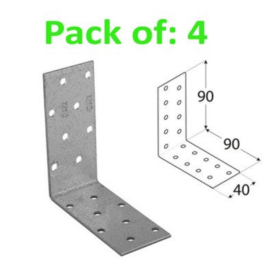 Galvanised Corner Brace 90 Degree Angle Bracket Joist Timber Mending Plates Thickness 2mm 90x90 Width 40mm Pack of: 4