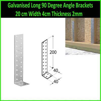 Galvanised Long 90 Degree Angle Brackets 20cm Width 4cm Thickness 2mm ( Pack of: 20 )