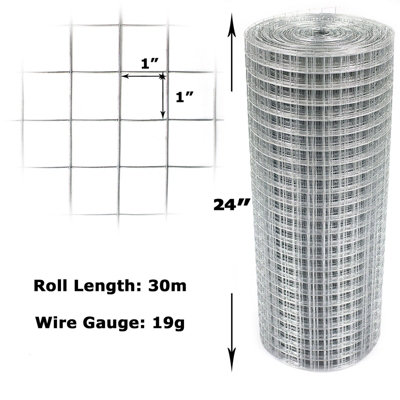 Galvanised Welded Wire Mesh Fence for Aviary Rabbit Hutch Chicken Run Coop Pet 1" x 1" x 24" x 30m (19g)