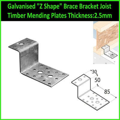 Galvanised "Z Shape" Brace Bracket Joist Timber Mending Plates Height Sizes: 51mm Length: 85+30 mm ( Pack of: 20 )