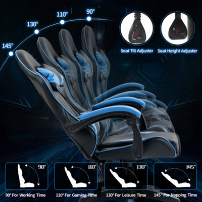 Gaming Chair Blue Recliner with Adjustable Height Lumbar Support Padded Cushion Racing Bucket Seat