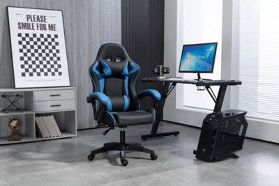 Gaming Chair Blue Recliner with Adjustable Height Lumbar Support Padded Cushion Racing Bucket Seat