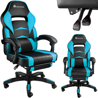 Gaming Chair Comodo - ergonomic shape, footrest, adjustable backrest - black/azure