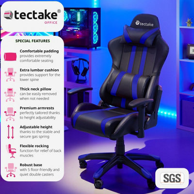 Gaming Chair - ergonomic shape, adjustable backrest, thick padding - black/blue