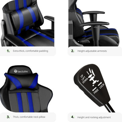 Gaming Chair - ergonomic shape, adjustable backrest, thick padding - black/blue