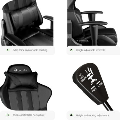 Gaming Chair - ergonomic shape, adjustable backrest, thick padding - black
