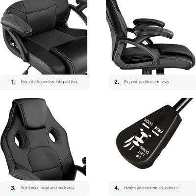 Gaming Chair Mike - ergonomic shape, thick padding, stepless height adjustment - black