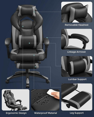 Gaming Chair, Office Racing Chair with Footrest, Ergonomic Design, Adjustable Headrest, Lumbar Support, 150 kg Weight Capacity