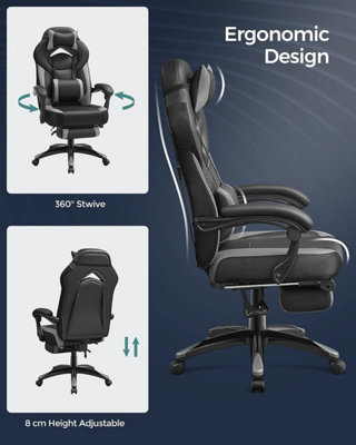 Gaming Chair, Office Racing Chair with Footrest, Ergonomic Design, Adjustable Headrest, Lumbar Support, 150 kg Weight Capacity